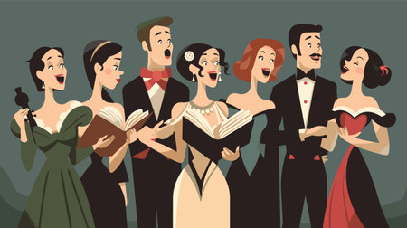 Group men women choir singers holding singing books performance formal attire diverse ethnicities. Vocalists concert dressed elegant outfits reading scores laughing joyful moments. Cartoon styleのイラスト素材