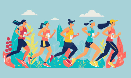 Group female runners participating marathon, race. Athletes wearing numbered jerseys running amidst nature. Women athletes engaged competitive outdoor sportのイラスト素材