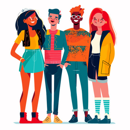 Four young adults standing together smiling, casual clothing, diverse ethnicities, male female, bright colors, isolated white background. Group teenagers, modern fashion, friends enjoying timeのイラスト素材