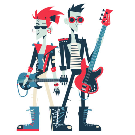 Punk rockers playing electric guitars, dressed edgy punk fashion, wearing sunglasses, standing confidently. Characters colorful spiked hairstyles, leather jackets, boots, rebellious attitudeのイラスト素材