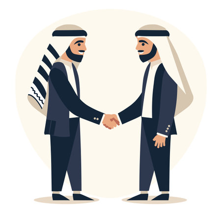 Two Middle Eastern men shaking hands. Illustration Middle Eastern businessmen traditional attire exchanging handshake. Cartoon style man Arabic clothing sealing business deal, agreement, partnershipのイラスト素材