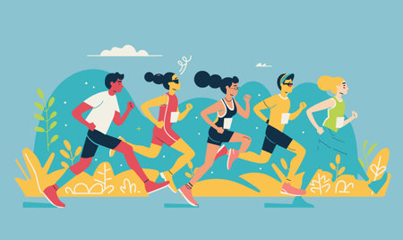 Group five athletes running marathon race outdoors. Diverse runners participating activity sunny day. Energetic jogging competition nature background. Diverse ethnicity men women sportswearのイラスト素材