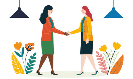 Two businesswomen shaking hands, finalizing agreement deal, pink orange flowers plants background, pendant lights overhead, formal attire suits blazers, isolated white background. Colleagues sealingのイラスト素材