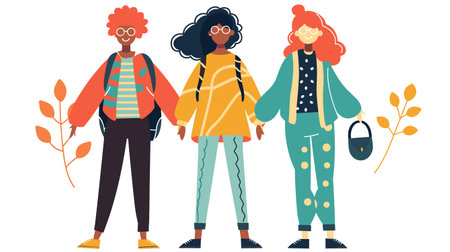 Three friends standing wearing colorful sweaters isolated against white background. Students backpacks purse posing next autumn leaves. Casual group portrait diverse young women fashionable attireのイラスト素材