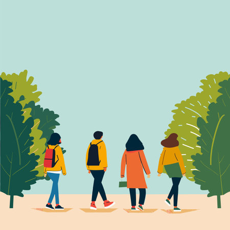 Three friends walking park, trees surrounding, wearing backpacks jackets, unisex autumn casual style, enjoying nature, recreational activity, diverse young adults outdoor setting, modern flat artのイラスト素材
