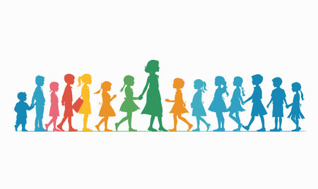 Scene Children walking, holding hands, single file line, behind adult female who appears be guiding them. Clothing children varies dresses, shorts, shirts. Silhouettes colorful rainbow paletteのイラスト素材