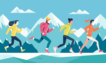 Runners sprinting cold weather through mountainous landscape dressed winter sports clothing. Athletic individuals exercising snowy nature scene, vibrant colors, energetic mood. Winter sportsのイラスト素材