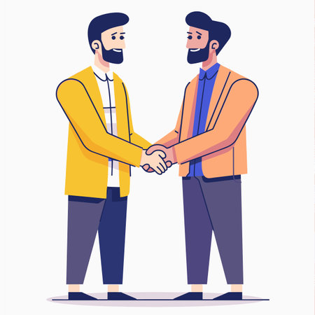 Two men business attire shaking hands, symbolizing successful agreement partnership. Both men bearded, wearing jackets, one yellow jacket white shirt, another orange jacket blue shirt. Vectorのイラスト素材