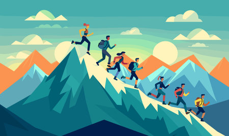 Group hikers scaling mountain sunrise, vibrant colors evoke motivation activity. Diverse group depicting men women outdoor enthusiasts rugged terrain. Simplified illustration style highlightsのイラスト素材