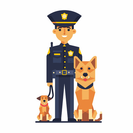 Police officer standing next two dogs isolated white background drawing cartoon style. Male officer uniform navy blue police badge hat proud. German shepherd golden retriever breed trained K9 unitのイラスト素材