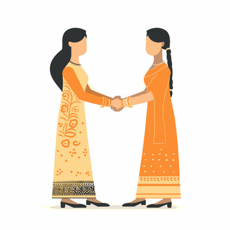 Two women shaking hands warmly, wearing traditional Indian sarees, indicating greeting deal. Darkhaired females vibrant orange ethnic wear present harmonious interaction. Isolated white backgroundのイラスト素材