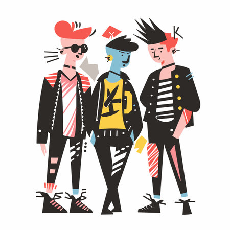 Group young adults trendy fashion, colorful outfits, creative hairstyles, confident stance. Stylish casual wear, urban style, black jackets, ripped pants, accessories, vibrant background. Modernのイラスト素材