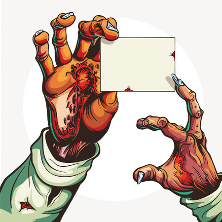 Zombie hands hold blank card. Undead, decayed skin, sharp nails, tattered clothing. Horrorthemed design, gory details, creepy atmosphere. Isolated white background, cartoon style, vivid colorsのイラスト素材