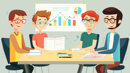 Four men their 30s discussing project plans smiling. Diverse team members casual attire working creative presentation. Office table charts background brainstorming ideas researchingのイラスト素材
