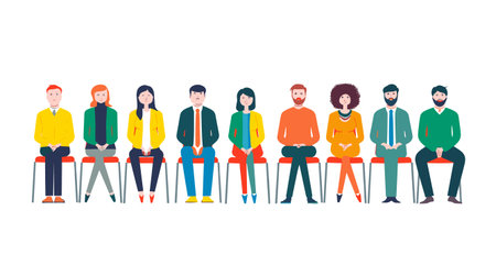 Meeting diverse group sitting chairs talking, casual business attire various expressions. Nine diverse individuals chairs waiting, mixed ethnicity, formal casual dressed, people interview scenarioのイラスト素材