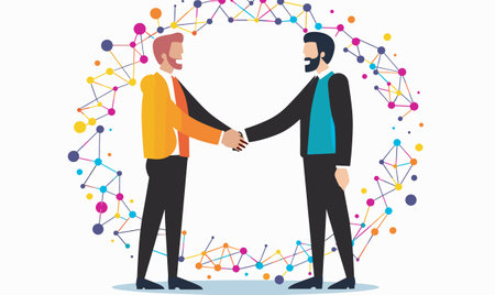 Two men shaking hands colorful network background. Business handshake network connections abstract digital. Corporate agreement partnership illustration conceptualのイラスト素材