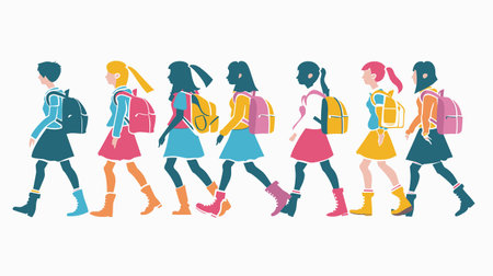 Students wearing colorful uniforms walking, carrying backpacks, isolated white background. Teenage schoolgirls schoolboys marching lined silhouette, bright colors. Illustration education, youthのイラスト素材
