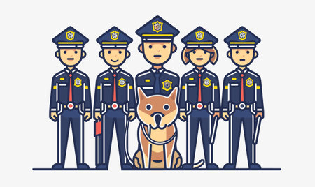 Uniformed police officers standing together, including two females, three males blue uniforms gold badges. German Shepherd dog positioned front, held center officer. Isolated white backgroundのイラスト素材