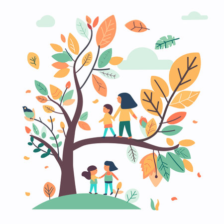 Children climb tree, play happily, autumn leaves fall, cartoon style, isolated white background. Various ethnicities, mix girls boys, wearing colorful clothing, bird perches, lively foliageのイラスト素材