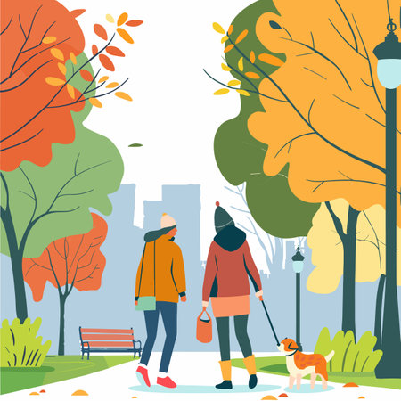 Two women walking dog park under colorful autumn trees. Fall season characters dressed warm jackets hats strolling pathway outdoor. Landscape pastel colors street lamp empty bench background. Urbanのイラスト素材