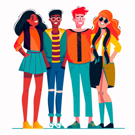 Four diverse young adults smiling. Collection teenagers wearing trendy clothes, consisting girl teal skirt orange shirt beside young man redstriped shirt teal jacket. Friends dressed fashionableのイラスト素材