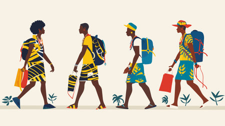 Group people walking tropical clothing shopping bags wearing colorful outfits hats casual graphic, background plants pattern. Young adults summer attire backpacks traveling, Africainspired designのイラスト素材
