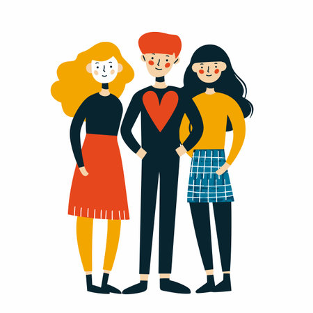 Three people, two women, one man standing closely. Cartoon characters, flat design, casual clothing man wears heart sweater, woman left has curly blonde hair red skirt, woman right has straightのイラスト素材
