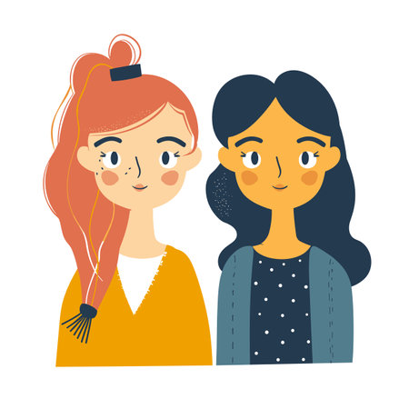 Two female characters friendly interaction, one orange hair yellow top, black hair blue polka dot shirt. Both women smiling, exhibiting positive emotions stylized facial features simple cartoonのイラスト素材