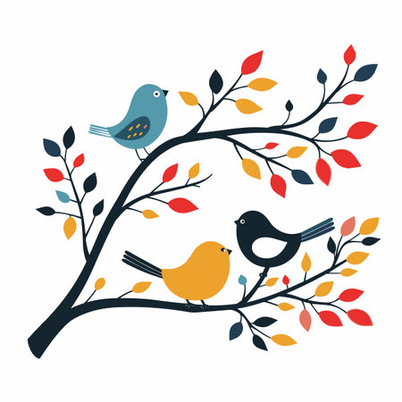 Three colorful birds perched tree branch adorned autumn leaves. Simple graphical style features birds blue, orange, black colors. Illustration presents calm natureinspired themeのイラスト素材