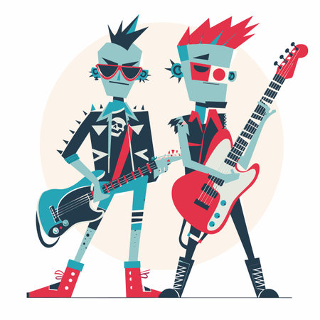 Two cartoon punk rock musicians playing electric guitars. Male characters mohawks, sunglasses, studded jackets, skinny jeans boots performing. Modern punk style, red teal colors dominate, coolのイラスト素材