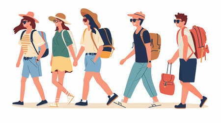 Five tourists walking side side, carrying backpacks, wearing casual summer clothing, sunglasses. Three women two men, all young adults, appear be friends vacation group trip. Flat vectorのイラスト素材