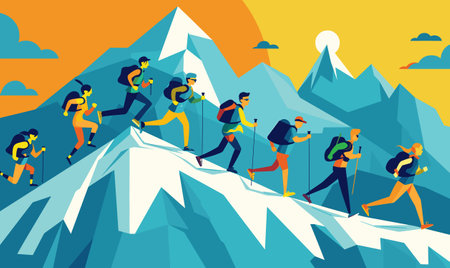 Diverse group cartoon characters hiking up mountain trail, outdoor adventure concept. Men women wearing backpacks trekking challenging mountain peaks, teamwork adventure sport theme. Colorfulのイラスト素材