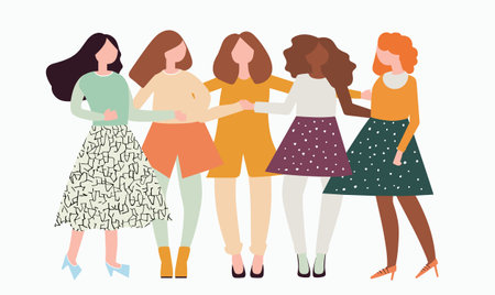 Five diverse women standing together, arms linked, displaying unity. Different ethnicities, casual fashionable clothing, female friendship concept. Trendy illustration, pastel colors, solidarityのイラスト素材
