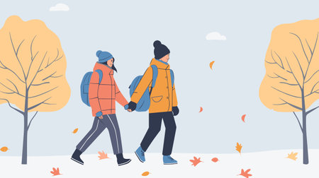 Young couple walking through autumn park, holding hands. Man woman wearing winter clothes enjoying stroll. Trees falling leaves, peaceful outdoor sceneのイラスト素材