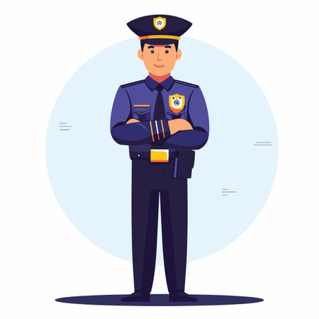 Male police officer standing confidently, arms crossed, wearing uniform, badge, cap. Cartoon illustration law enforcement authority figure, displaying professional friendly demeanor. Smilingのイラスト素材