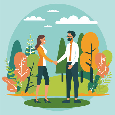 Man woman shaking hands park, both smiling, professional attire, agreement deal. Businessman glasses white shirt, tie, woman orange blouse, black pants, friendly meeting. People professionallyのイラスト素材