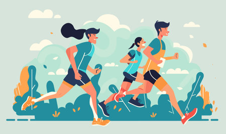 Three people jogging outdoors, runners motion, healthy lifestyle concept. Athletic woman men running, active sport, exercising outside. Flat design, dynamic composition, blue orange tonesのイラスト素材