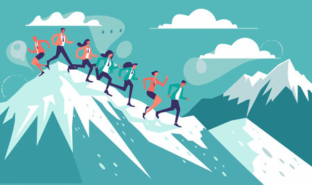 Business team climbs mountain, illustrating teamwork, challenge, goals. Diverse group men women professional attire ascend steep icy peaks. Stylized illustration conveys corporate journey, successのイラスト素材