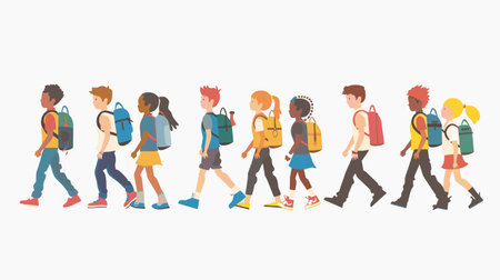 Diverse group students walking side side, carrying backpacks, showing casual attire youthful energy. Children various ethnicities casual clothes their way school, education concept. Flat designのイラスト素材