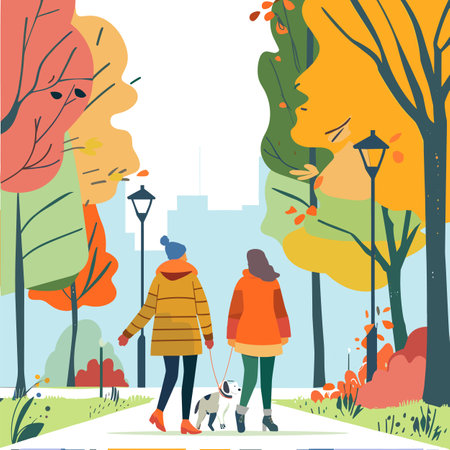 Women walking dog colorful autumn park city skyline trees leaves falling. Casual attire leisure activity peaceful stroll companionship pet. Autumn season park walk friendship outdoor recreationのイラスト素材