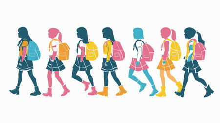 Silhouettes schoolgirls uniform walking, shaded different pastel colors. Eight diverse girls side profile, backpacks on, depicting growth stages. Educational concept showing progression, childhoodのイラスト素材