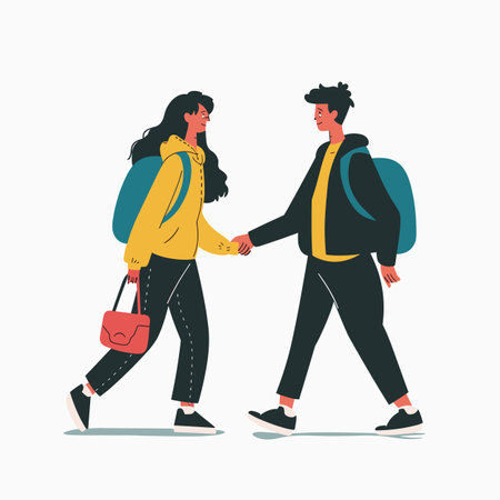 Young male female illustrated walking side side holding hands. Characters wear casual clothing, backpacks, happy expression, graphic style. Isolated white background conveys simplicityのイラスト素材