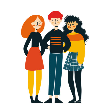 Three young adults stand together, smiling, showing friendship, diversity, cartoon illustration depicts redhead woman, man beanie, brunette woman friendly group. Casual clothing, modern styleのイラスト素材