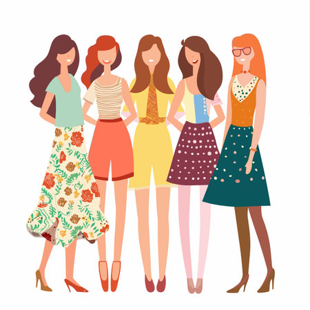 Five diverse cartoon women standing together, unique hairstyles, colorful outfits, stylish footwear, woman displays distinctive pose smile, representing different body shapes fashion stylesのイラスト素材