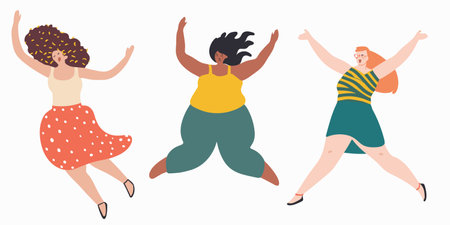 Three women dancing joyfully, diverse body types ethnicities represented. Women wear casual clothing, showing happiness body positivity. Flat style vector illustration, isolated white backgroundのイラスト素材