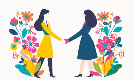 Two women holding hands amidst vibrant floral background, one yellow dress, navy. Side view diverse females handshake, bright flowers symbolizing friendship, partnership. Colorful botanicalのイラスト素材