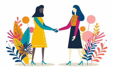 Two women shaking hands, colorful flat design floral background. Professional meeting, agreement, partnership, diversity, elegant dresses, high heels. Female professionals, diverse ethnicitiesのイラスト素材