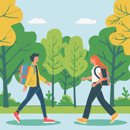 Two young adults, one male one female, walking park during daytime. Both individuals casual attire, male yellow jacket, female white shirt, sporting backpacks. Trees, path, clear sky composeのイラスト素材