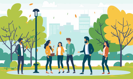 Group diverse people conversing park, casual clothing, daytime, urban backdrop, friendly interaction. Young adults engaging conversation, nature, social gathering, trees, city skyline. Men womenのイラスト素材
