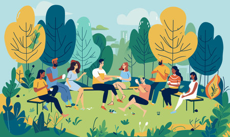 Diverse group enjoying picnic park, men women seated benches grass. Friends relax outdoors, casual clothing, summer day, trees, beverages, chatting. Casual meetup outdoor, picnic attire natureのイラスト素材